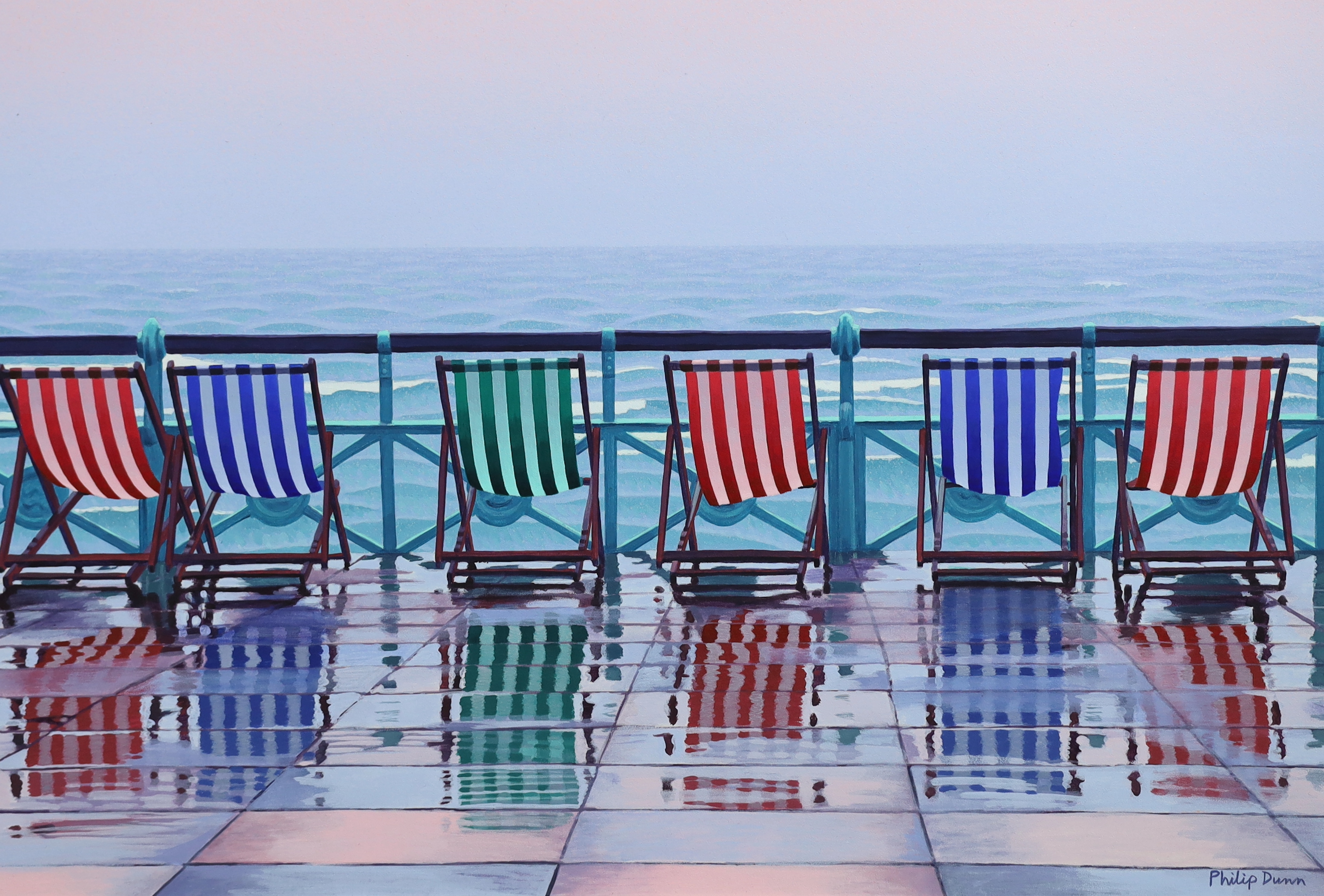 Philip Dunn (English, b.1945), Deckchairs on the promenade, acrylic on artist board, 51 x 75cm, unframed